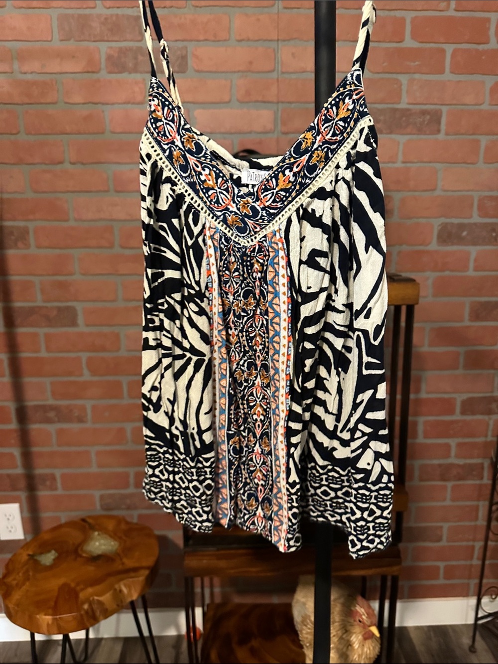 Patrons of Peace Black & Cream Printed Embroidered Camisole